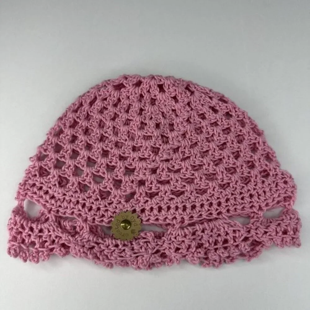 Created by Cyd Juliet‎ Pink Crochet Beanie Cotton Open Weave Scalloped Hat NEW